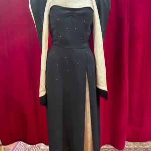 1940s B&W 2pc Rhinestone Studded Boned Bodice One Shoulder Accordion Pleat Dress